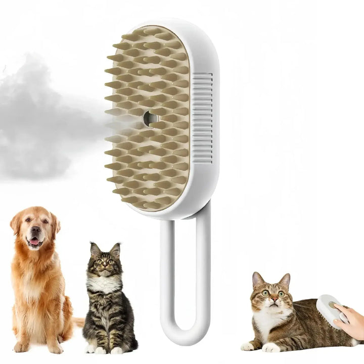 Long, detailed image showcasing the 3-in-1 pet steam grooming brush designed for cats and dogs, featuring massage, hair removal, and cleaning comb functions with ergonomic handle for comfortable pet grooming