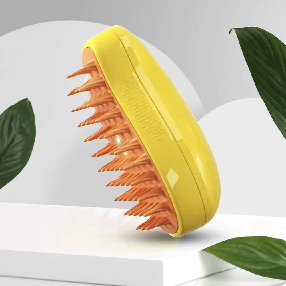 Long, detailed image of a 3-in-1 pet steam grooming brush designed for cats and dogs, featuring massage, hair removal, and cleaning comb functions for effective pet grooming and hygiene