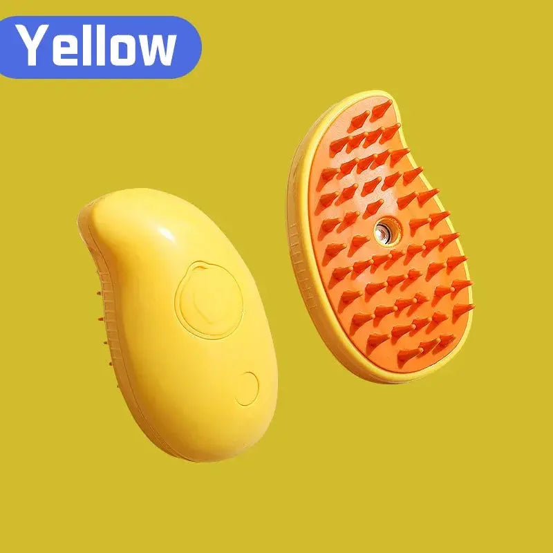 A close-up of the 3-in-1 pet steam grooming brush showing its massage, hair removal, and cleaning comb features for cats and dogs