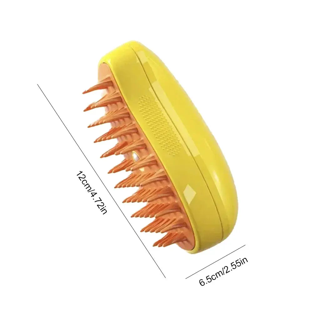 A close-up of a 3-in-1 pet steam grooming brush showing its massage, hair removal, and cleaning features for cats and dogs