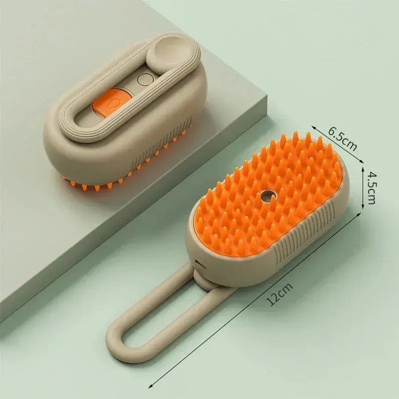 Long description of the 3-in-1 pet steam grooming brush for cats and dogs, highlighting its massage, hair removal, and cleaning features with detailed imagery